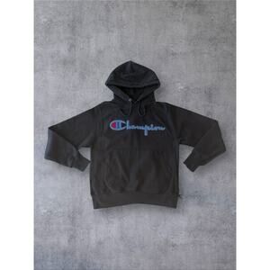 Vtg Champion Reverse Weave Black Hoodie SZ S Spell Out Faded Sweater Destroyed